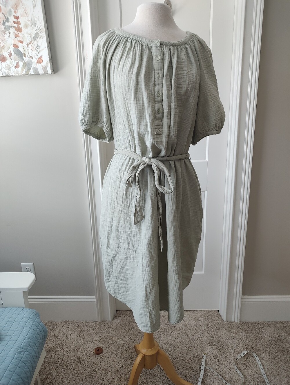 a.n.a Sage Green Button-Back Tie-Waist Midi Dress